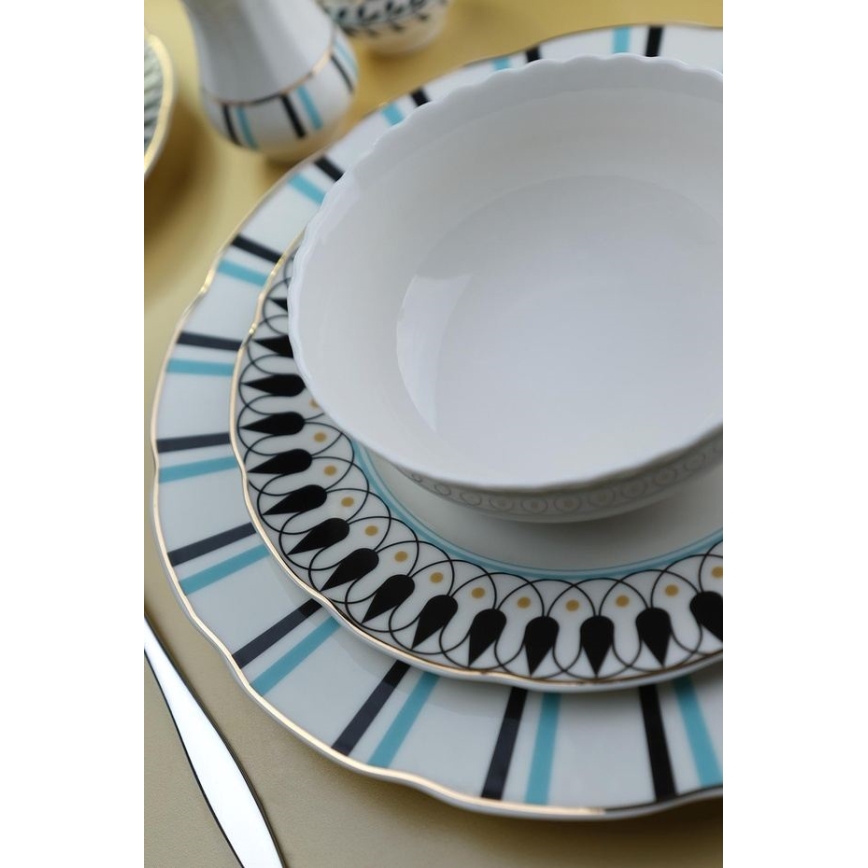 Service de table 62 pièces, porcelaine, blanc/bleu/noir