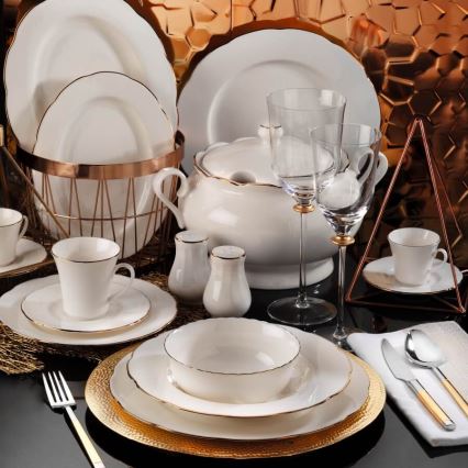 Service de table 83 pièces blanc/cuivré/porcelaine