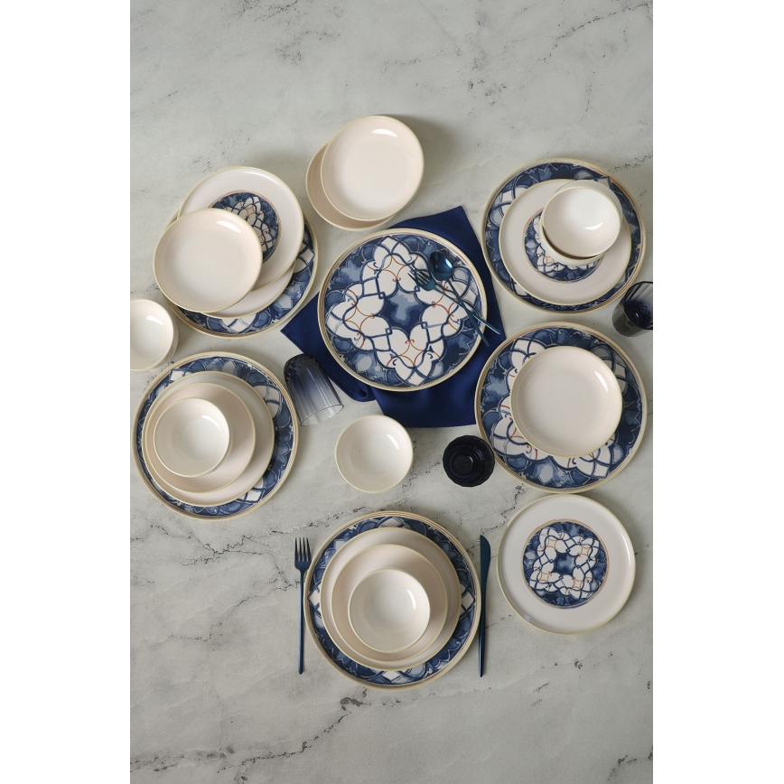 Service de vaisselle 24 pièces, blanc/bleu, en céramique