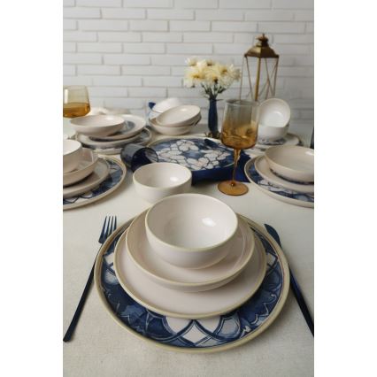 Service de vaisselle 24 pièces, blanc/bleu, en céramique