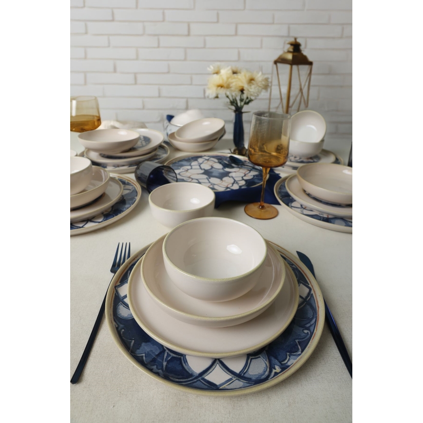 Service de vaisselle 24 pièces, blanc/bleu, en céramique