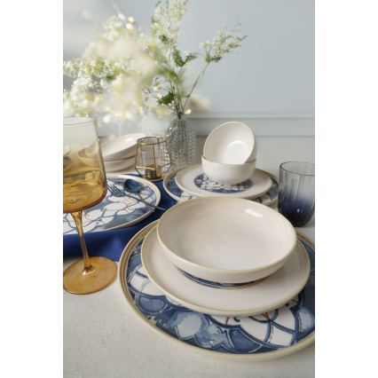 Service de vaisselle 24 pièces, blanc/bleu, en céramique