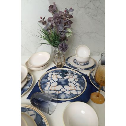 Service de vaisselle 24 pièces, blanc/bleu, en céramique