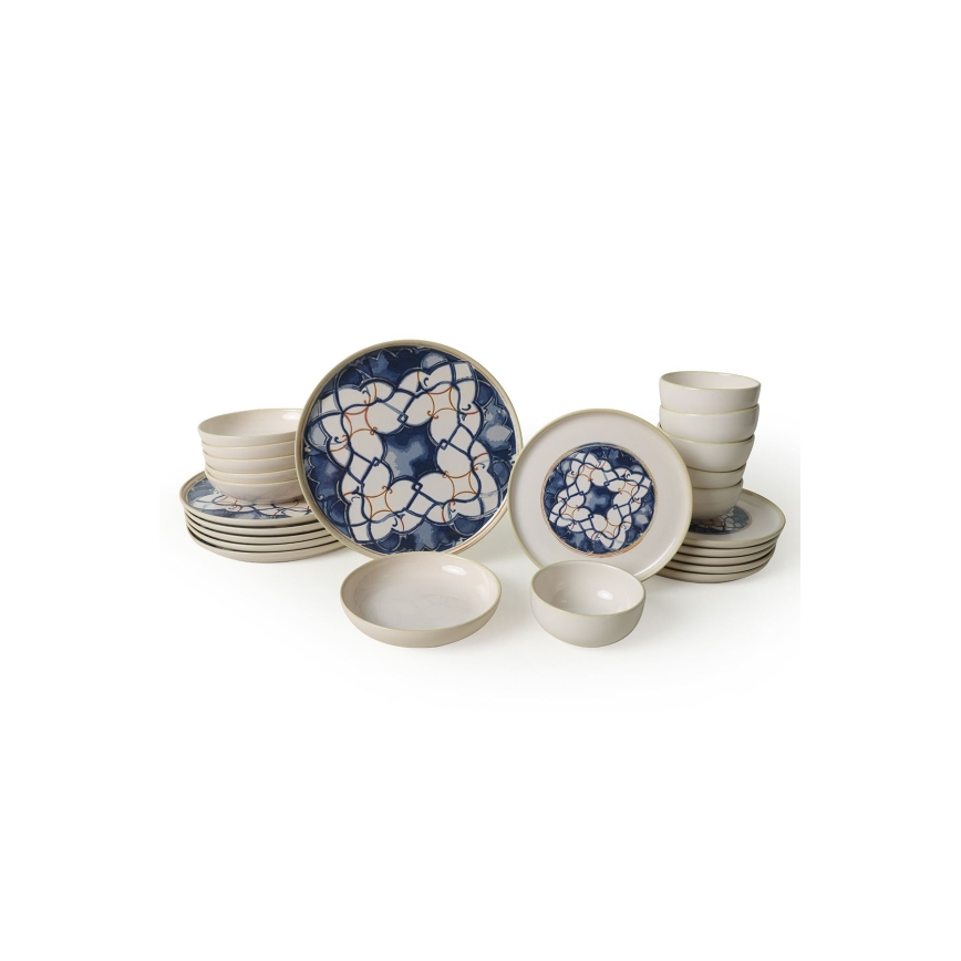Service de vaisselle 24 pièces, blanc/bleu, en céramique