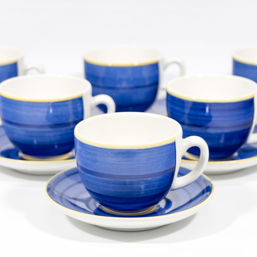 Service x6 tasse en céramique avec sous-tasse bleu jaune
