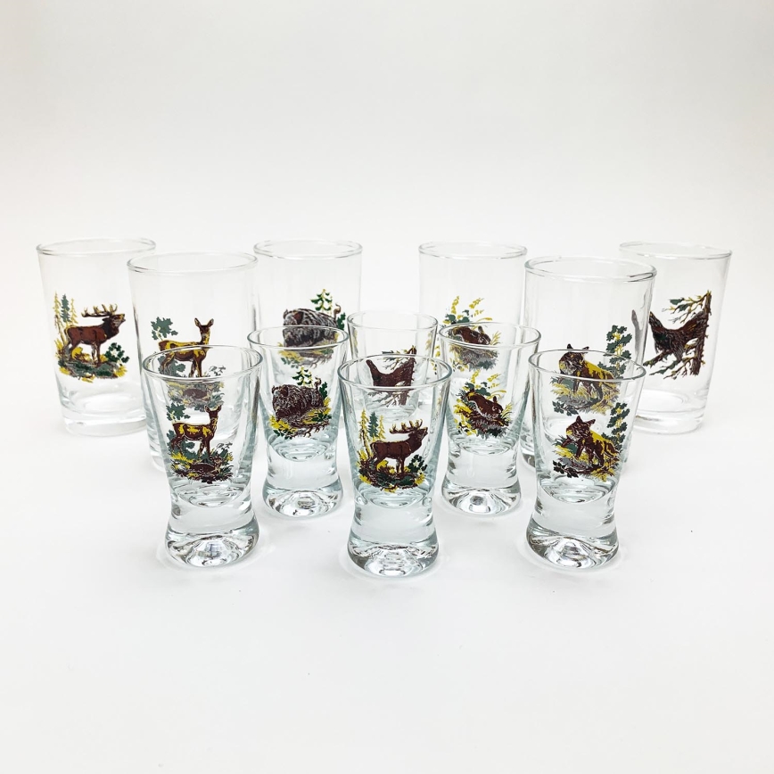 Service x6 verre plus grand et x6 verre à shot plus petit transparent avec motif d'animaux