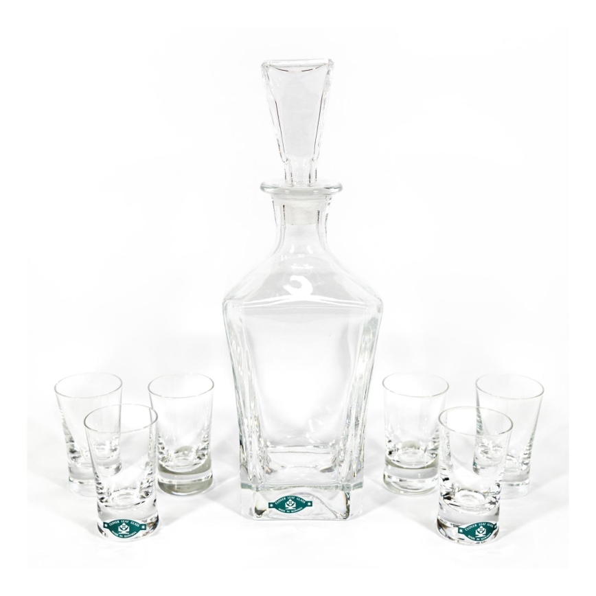 Set 1x bouteille en verre, 1x bouchon en verre et 6x verre à shot transparent