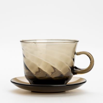Set de 6 tasses en verre avec soucoupes et 1 sucrier fumé