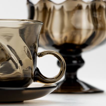Set de 6 tasses en verre avec soucoupes et 1 sucrier fumé