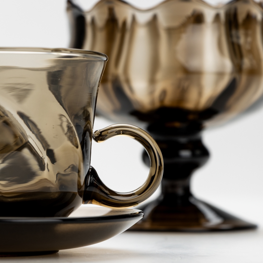 Set de 6 tasses en verre avec soucoupes et 1 sucrier fumé