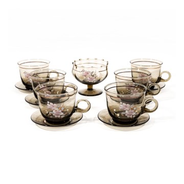 Set 6x tasse en verre avec sous-tasse et 1x sucrier fumé