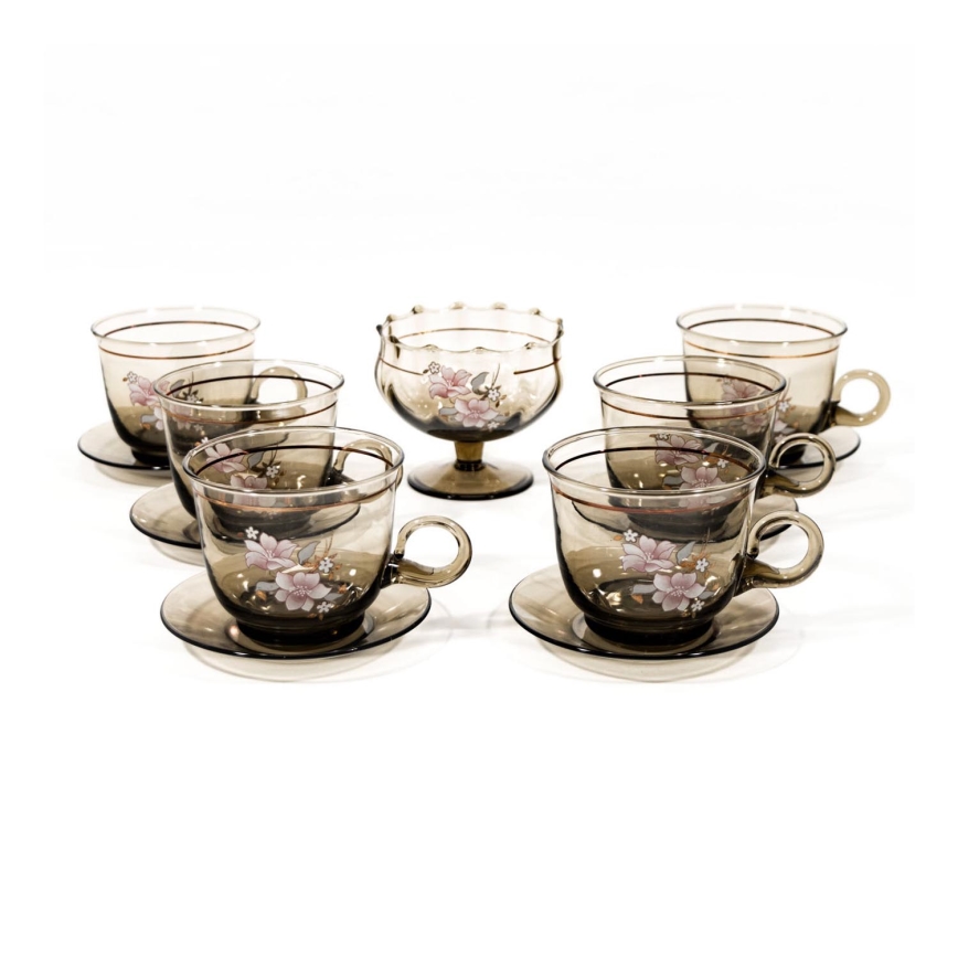 Set 6x tasse en verre avec sous-tasse et 1x sucrier fumé