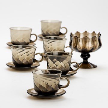 Set de 6 tasses en verre avec soucoupes et 1 sucrier fumé