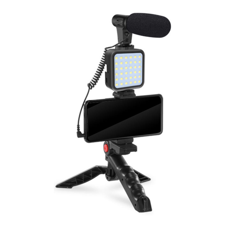 Set Vlogging 4en1 - micro, lampe LED, trépied, support de téléphone