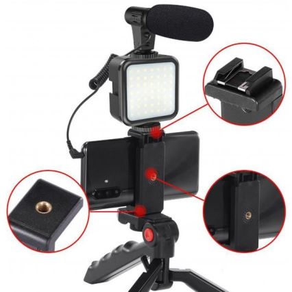 Set Vlogging 4en1 - micro, lampe LED, trépied, support de téléphone