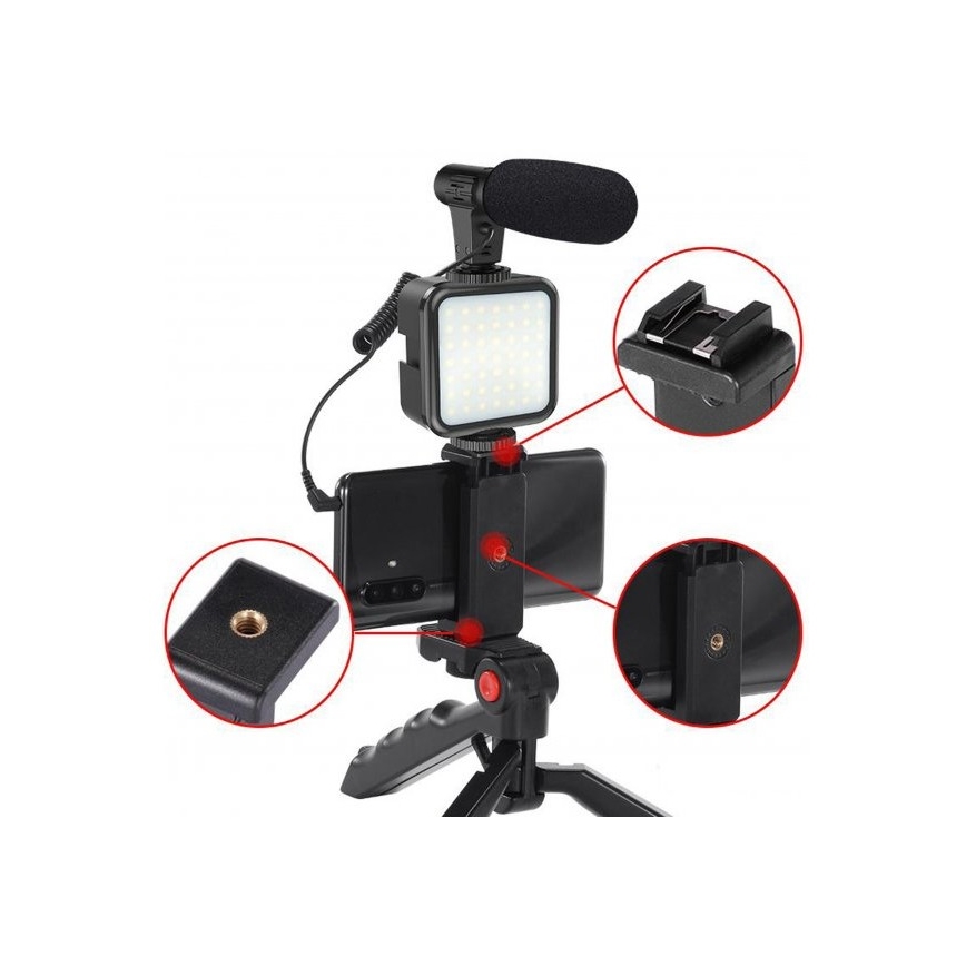 Set Vlogging 4en1 - micro, lampe LED, trépied, support de téléphone