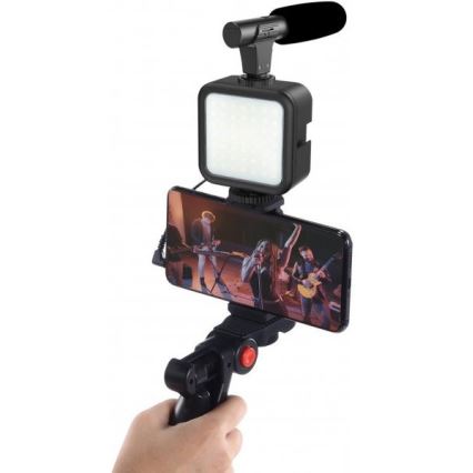 Set Vlogging 4en1 - micro, lampe LED, trépied, support de téléphone