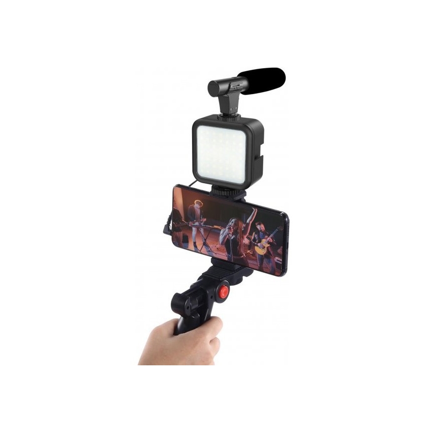 Set Vlogging 4en1 - micro, lampe LED, trépied, support de téléphone