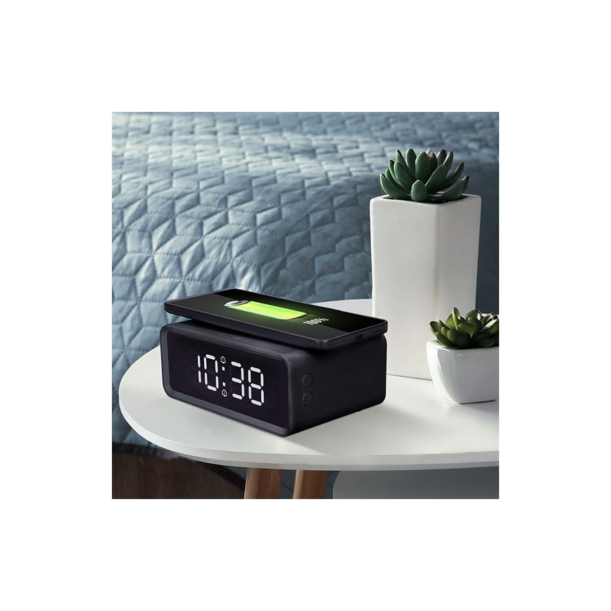 Horloge numérique avec chargeur sans fil Qi (230V / pile CR2032) — noire