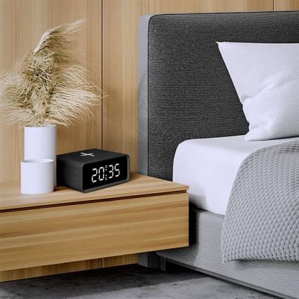 Horloge numérique avec chargeur sans fil Qi (230V / pile CR2032) — noire