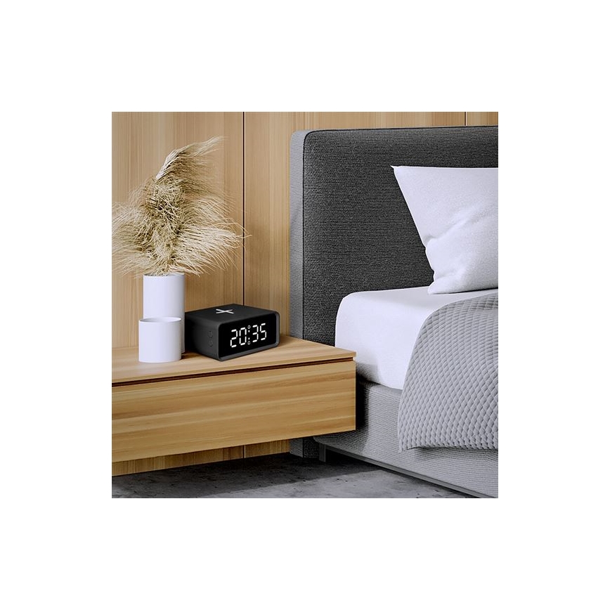 Horloge numérique avec chargeur sans fil Qi (230V / pile CR2032) — noire