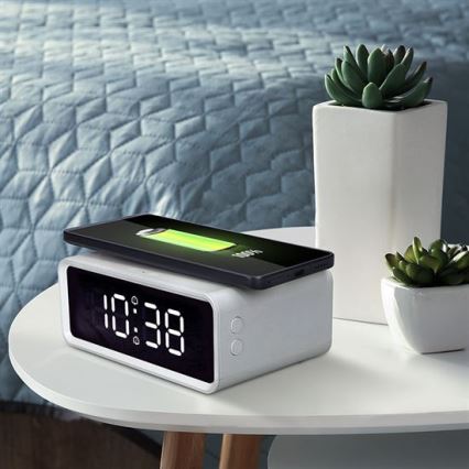 Horloge numérique avec chargeur sans fil Qi 230 V/CR2032 blanche