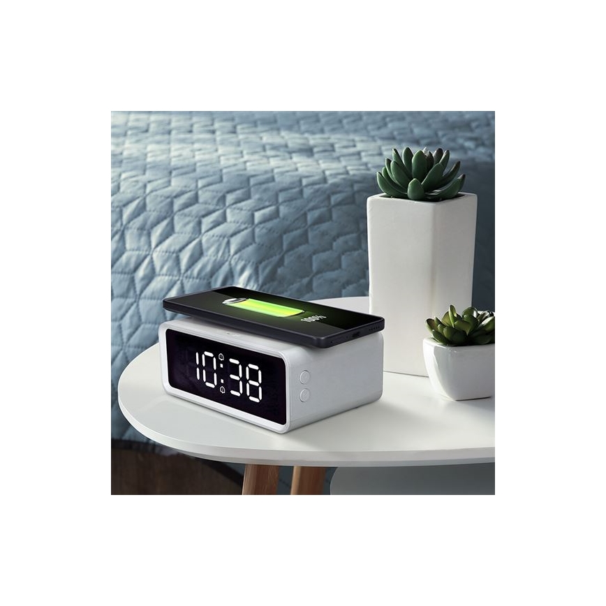 Horloge numérique avec chargeur sans fil Qi 230 V/CR2032 blanche