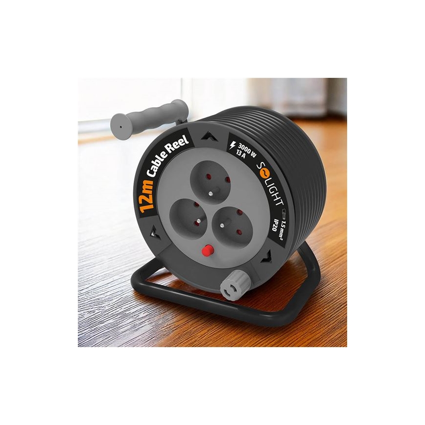 Enrouleur de câble 3 prises, 12 m