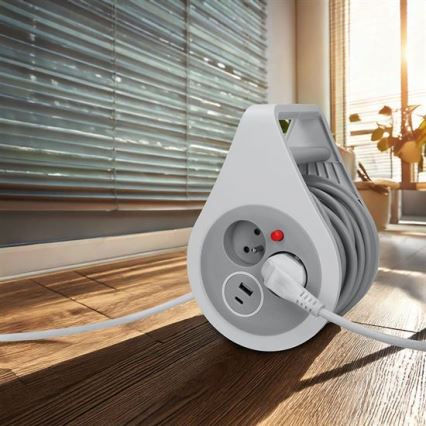 Enrouleur de câble 10 m avec 2 prises et ports USB-A et USB-C