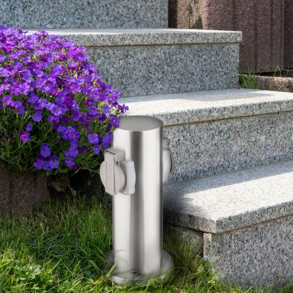 Borne prises électriques extérieure 2Z 230V IP44 chrome mat arrondi
