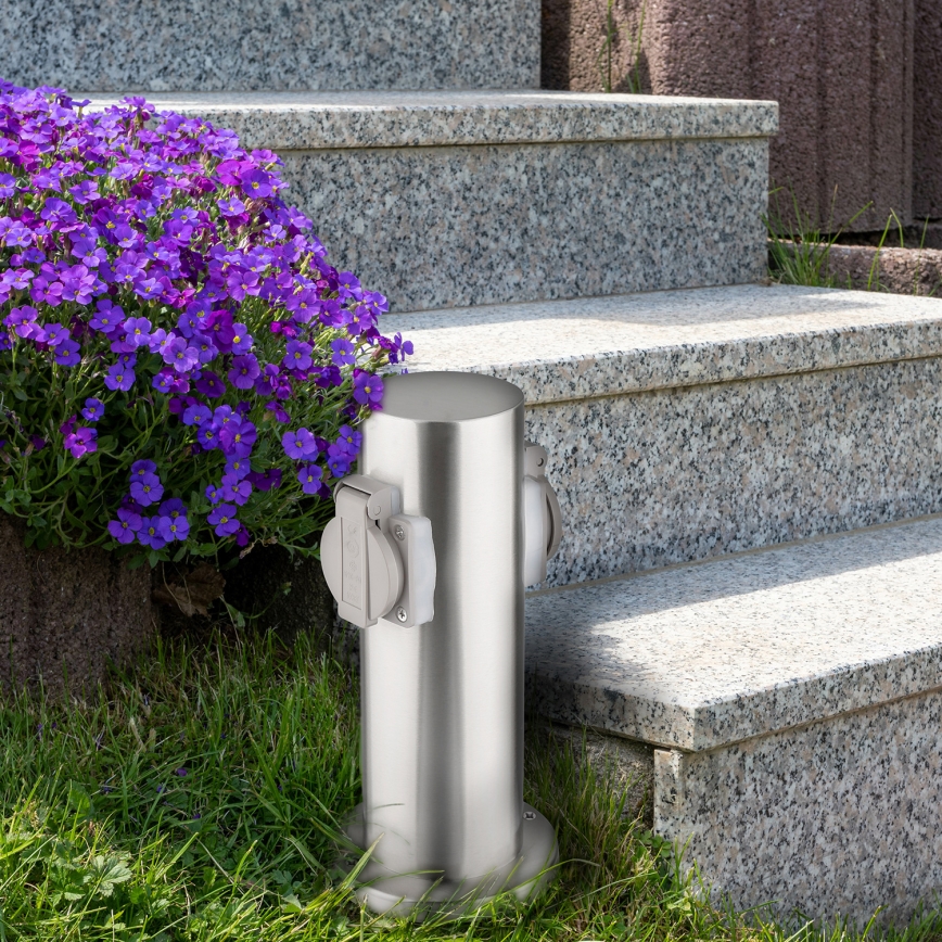 Borne prises électriques extérieure 2Z 230V IP44 chrome mat arrondi