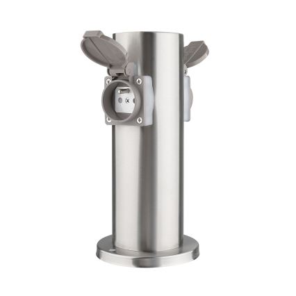Borne prises électriques extérieure 2Z 230V IP44 chrome mat arrondi