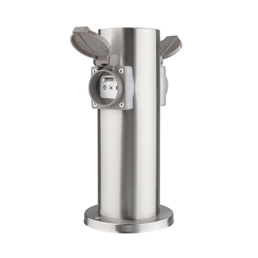 Borne prises électriques extérieure 2Z 230V IP44 chrome mat arrondi