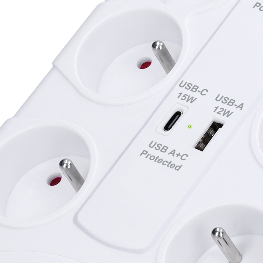 Multiprise 8 prises Type E avec interrupteur et protection contre les surtensions + 1x USB-A + 1x USB-C, 2 m, blanche