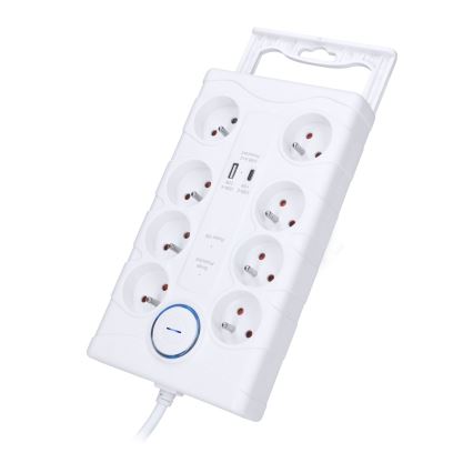 Multiprise 8 prises Type E avec interrupteur et protection contre les surtensions + 1x USB-A + 1x USB-C, 2 m, blanche