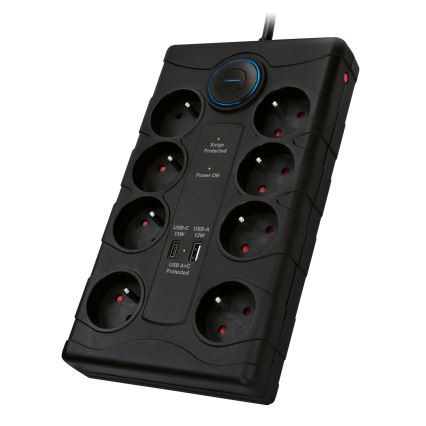 Rallonge avec interrupteur et protection contre les surtensions 8Z Type E + 1xUSB-A + 1xUSB-C 2m noir