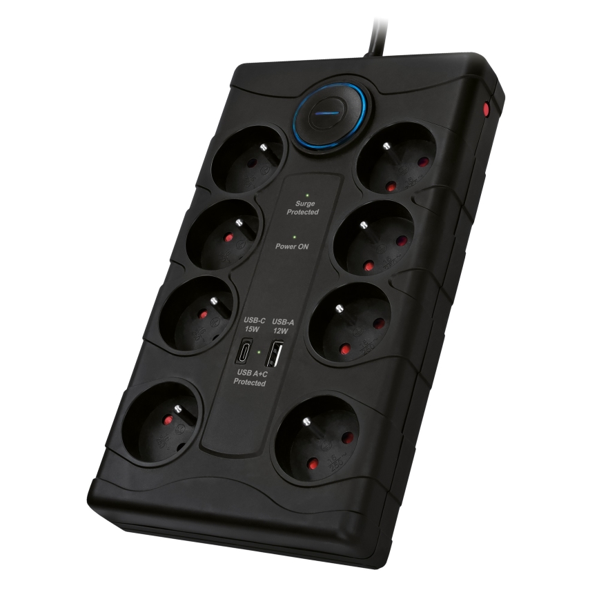 Rallonge électrique avec interrupteur 8Z Type E + 1x USB-A + 1x USB-C 2 m noire