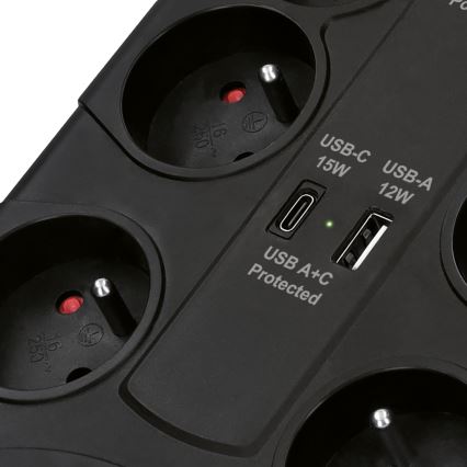 Rallonge électrique avec interrupteur 8Z Type E + 1x USB-A + 1x USB-C 2 m noire