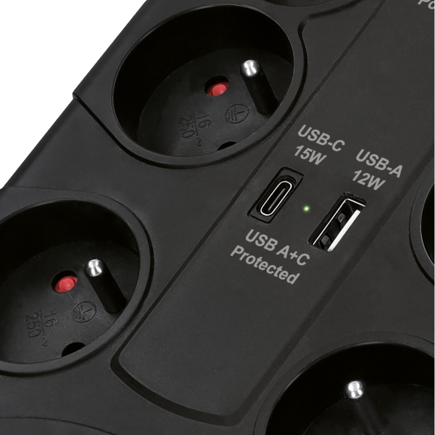 Rallonge électrique avec interrupteur 8Z Type E + 1x USB-A + 1x USB-C 2 m noire