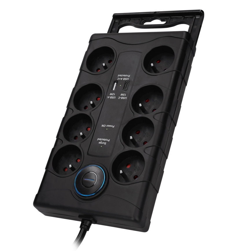 Rallonge électrique avec interrupteur 8Z Type E + 1x USB-A + 1x USB-C 2 m noire