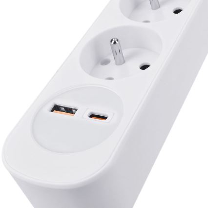 Multiprise 3 prises avec interrupteur et ports USB‑A et USB‑C, câble 2 m