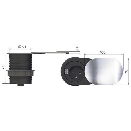 Prise encastrable USB avec cache coulissante 10A/230V
