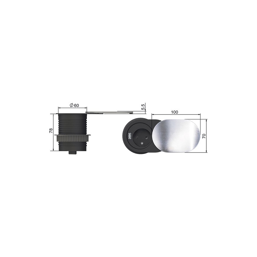 Prise encastrable USB avec cache coulissante 10A/230V