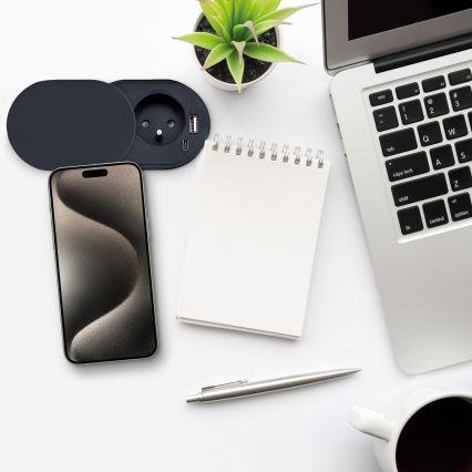 Prise encastrable avec couvercle coulissant 20W, 1 prise + ports USB A et C, noir