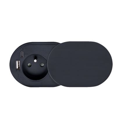 Prise encastrable avec couvercle coulissant 20W, 1 prise + ports USB A et C, noir