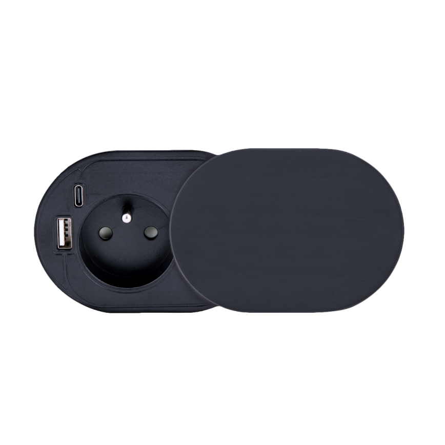 Prise encastrable avec couvercle coulissant 20W, 1 prise + ports USB A et C, noir