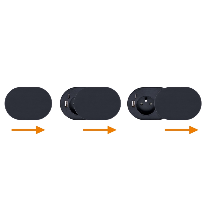 Prise encastrable avec couvercle coulissant 20W, 1 prise + ports USB A et C, noir