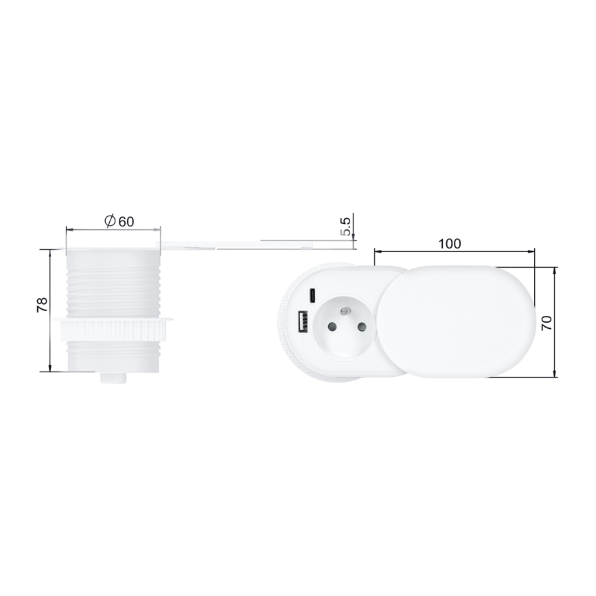 Prise encastrée 20W, 1 prise + USB A+C, blanche