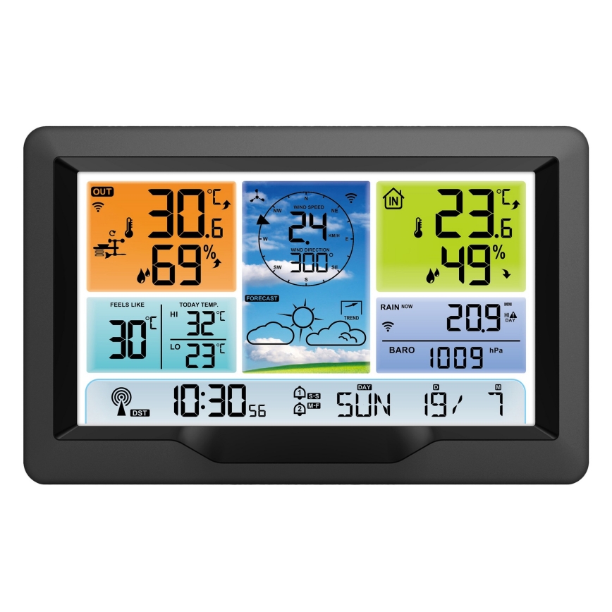 Station météo professionnelle avec écran couleur LCD et réveil 5V/2xAA + 3xAA