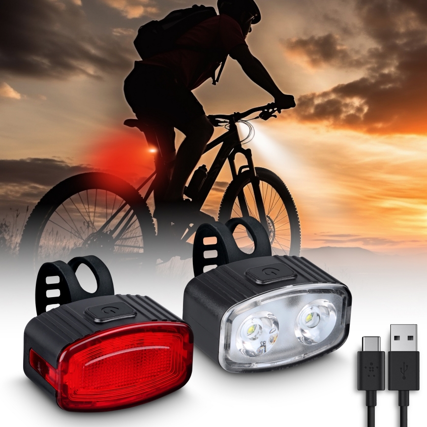 SET 2x LED Luminaire vélo rechargeable à intensité variable 350 mAh IP44 rouge/blanc